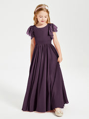Chiffon Junior Bridesmaid Dresses Lace Flutter Sleeves Scoop Neck Plum