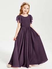 Chiffon Junior Bridesmaid Dresses Lace Flutter Sleeves Scoop Neck Plum