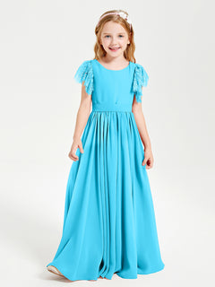 Chiffon Junior Bridesmaid Dresses Lace Flutter Sleeves Scoop Neck Pool