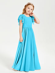Chiffon Junior Bridesmaid Dresses Lace Flutter Sleeves Scoop Neck Pool