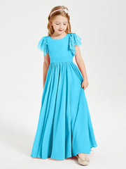 Chiffon Junior Bridesmaid Dresses Lace Flutter Sleeves Scoop Neck Pool