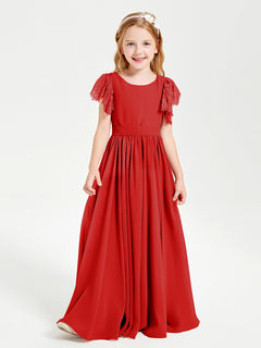 Chiffon Junior Bridesmaid Dresses Lace Flutter Sleeves Scoop Neck Red