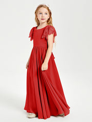 Chiffon Junior Bridesmaid Dresses Lace Flutter Sleeves Scoop Neck Red