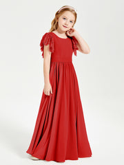 Chiffon Junior Bridesmaid Dresses Lace Flutter Sleeves Scoop Neck Red