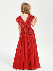 Chiffon Junior Bridesmaid Dresses Lace Flutter Sleeves Scoop Neck Red