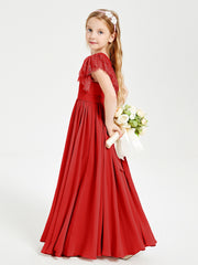 Chiffon Junior Bridesmaid Dresses Lace Flutter Sleeves Scoop Neck Red