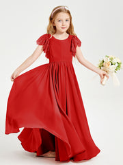 Chiffon Junior Bridesmaid Dresses Lace Flutter Sleeves Scoop Neck Red