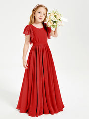 Chiffon Junior Bridesmaid Dresses Lace Flutter Sleeves Scoop Neck Red