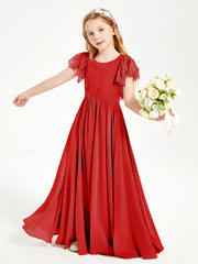 Chiffon Junior Bridesmaid Dresses Lace Flutter Sleeves Scoop Neck Red