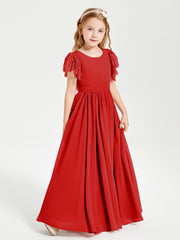 Chiffon Junior Bridesmaid Dresses Lace Flutter Sleeves Scoop Neck Red