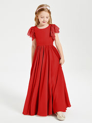 Chiffon Junior Bridesmaid Dresses Lace Flutter Sleeves Scoop Neck Red