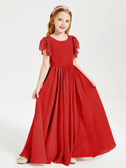 Chiffon Junior Bridesmaid Dresses Lace Flutter Sleeves Scoop Neck Red