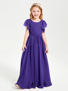 Chiffon Junior Bridesmaid Dresses Lace Flutter Sleeves Scoop Neck Regency