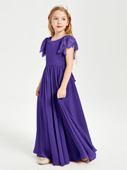 Chiffon Junior Bridesmaid Dresses Lace Flutter Sleeves Scoop Neck Regency