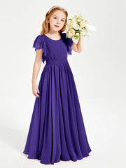 Chiffon Junior Bridesmaid Dresses Lace Flutter Sleeves Scoop Neck Regency