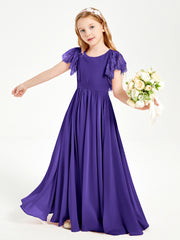 Chiffon Junior Bridesmaid Dresses Lace Flutter Sleeves Scoop Neck Regency