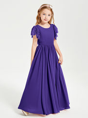 Chiffon Junior Bridesmaid Dresses Lace Flutter Sleeves Scoop Neck Regency