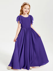 Chiffon Junior Bridesmaid Dresses Lace Flutter Sleeves Scoop Neck Regency