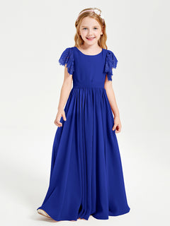 Chiffon Junior Bridesmaid Dresses Lace Flutter Sleeves Scoop Neck Royal Blue