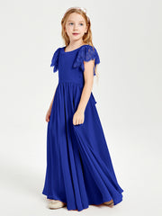 Chiffon Junior Bridesmaid Dresses Lace Flutter Sleeves Scoop Neck Royal Blue