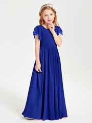 Chiffon Junior Bridesmaid Dresses Lace Flutter Sleeves Scoop Neck Royal Blue