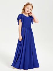 Chiffon Junior Bridesmaid Dresses Lace Flutter Sleeves Scoop Neck Royal Blue