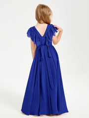 Chiffon Junior Bridesmaid Dresses Lace Flutter Sleeves Scoop Neck Royal Blue
