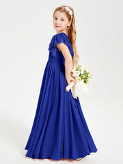 Chiffon Junior Bridesmaid Dresses Lace Flutter Sleeves Scoop Neck Royal Blue