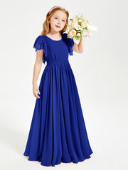 Chiffon Junior Bridesmaid Dresses Lace Flutter Sleeves Scoop Neck Royal Blue
