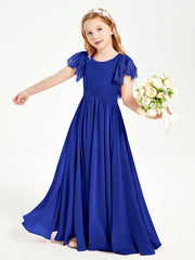 Chiffon Junior Bridesmaid Dresses Lace Flutter Sleeves Scoop Neck Royal Blue