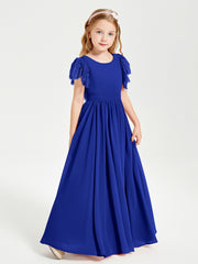 Chiffon Junior Bridesmaid Dresses Lace Flutter Sleeves Scoop Neck Royal Blue