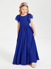 Chiffon Junior Bridesmaid Dresses Lace Flutter Sleeves Scoop Neck Royal Blue