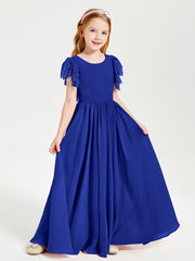 Chiffon Junior Bridesmaid Dresses Lace Flutter Sleeves Scoop Neck Royal Blue