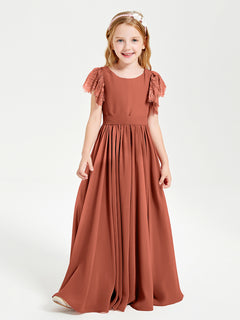 Chiffon Junior Bridesmaid Dresses Lace Flutter Sleeves Scoop Neck Rust