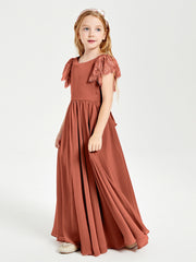 Chiffon Junior Bridesmaid Dresses Lace Flutter Sleeves Scoop Neck Rust