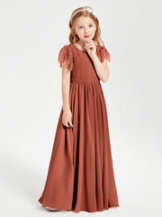 Chiffon Junior Bridesmaid Dresses Lace Flutter Sleeves Scoop Neck Rust