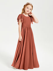 Chiffon Junior Bridesmaid Dresses Lace Flutter Sleeves Scoop Neck Rust