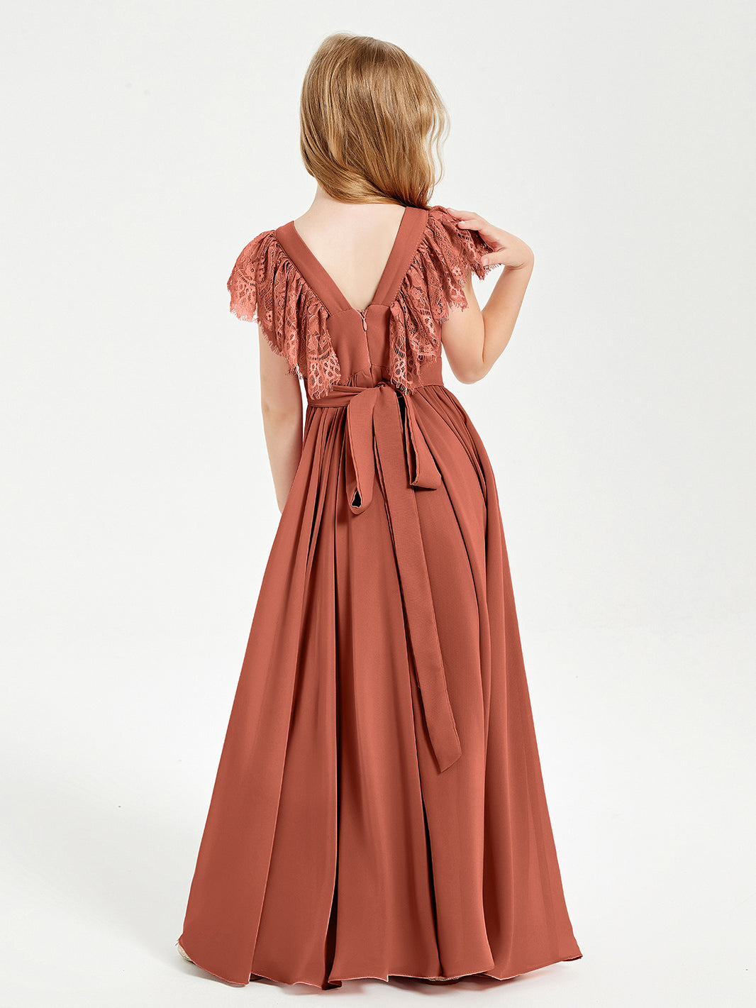 Lace Top Halter Neck Chiffon Long Junior Bridesmaid Dress Red main image 1