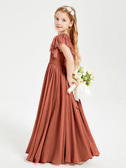 Chiffon Junior Bridesmaid Dresses Lace Flutter Sleeves Scoop Neck Rust