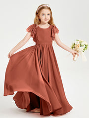 Chiffon Junior Bridesmaid Dresses Lace Flutter Sleeves Scoop Neck Rust