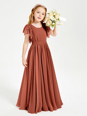 Chiffon Junior Bridesmaid Dresses Lace Flutter Sleeves Scoop Neck Rust