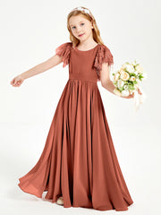 Chiffon Junior Bridesmaid Dresses Lace Flutter Sleeves Scoop Neck Rust