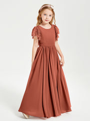 Chiffon Junior Bridesmaid Dresses Lace Flutter Sleeves Scoop Neck Rust