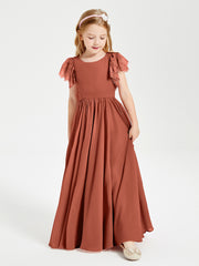 Chiffon Junior Bridesmaid Dresses Lace Flutter Sleeves Scoop Neck Rust