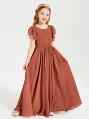 Chiffon Junior Bridesmaid Dresses Lace Flutter Sleeves Scoop Neck Rust