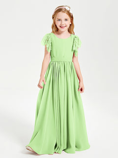 Chiffon Junior Bridesmaid Dresses Lace Flutter Sleeves Scoop Neck Sage