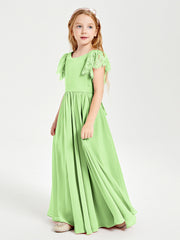 Chiffon Junior Bridesmaid Dresses Lace Flutter Sleeves Scoop Neck Sage