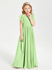 Chiffon Junior Bridesmaid Dresses Lace Flutter Sleeves Scoop Neck Sage