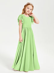 Chiffon Junior Bridesmaid Dresses Lace Flutter Sleeves Scoop Neck Sage