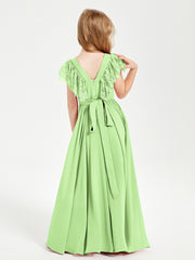 Chiffon Junior Bridesmaid Dresses Lace Flutter Sleeves Scoop Neck Sage